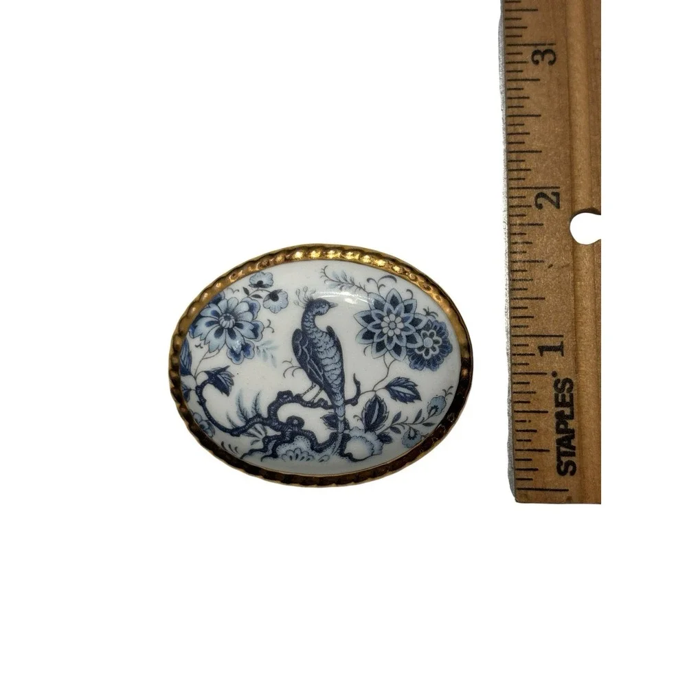Vintage Aynsley Gold Tone Frame White Blue Bone China Floral Peacock Brooch Pin